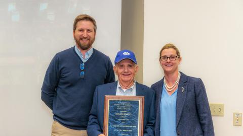 Retired Union County Cooperative Extension Agent for Agriculture and Natural Resources Rankin Powell was awarded the 2023 S.H. Phillips Distinguished Lecture in No-Till Agriculture Award by Plant and Soil Sciences Chair Professor Rebecca McCulley. Dr. Chad Lee (left) nominated Powell.